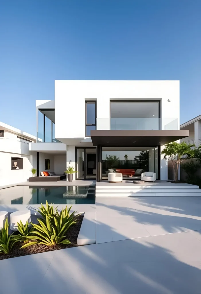 Modern white house with geometric lines, glass panels, black accents, a sleek pool, and surrounding greenery under a bright blue sky.