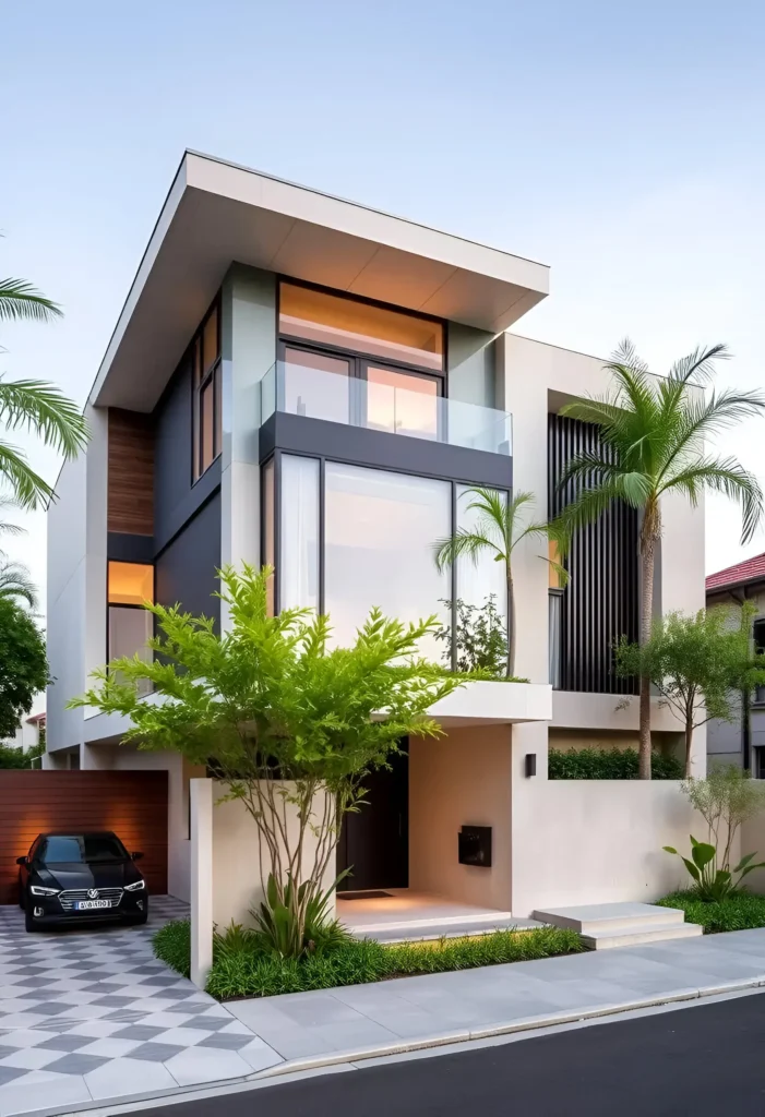 Modern white house exterior with layered architecture, glass panels, black accents, wood textures, tropical palm trees, and a geometric driveway design.