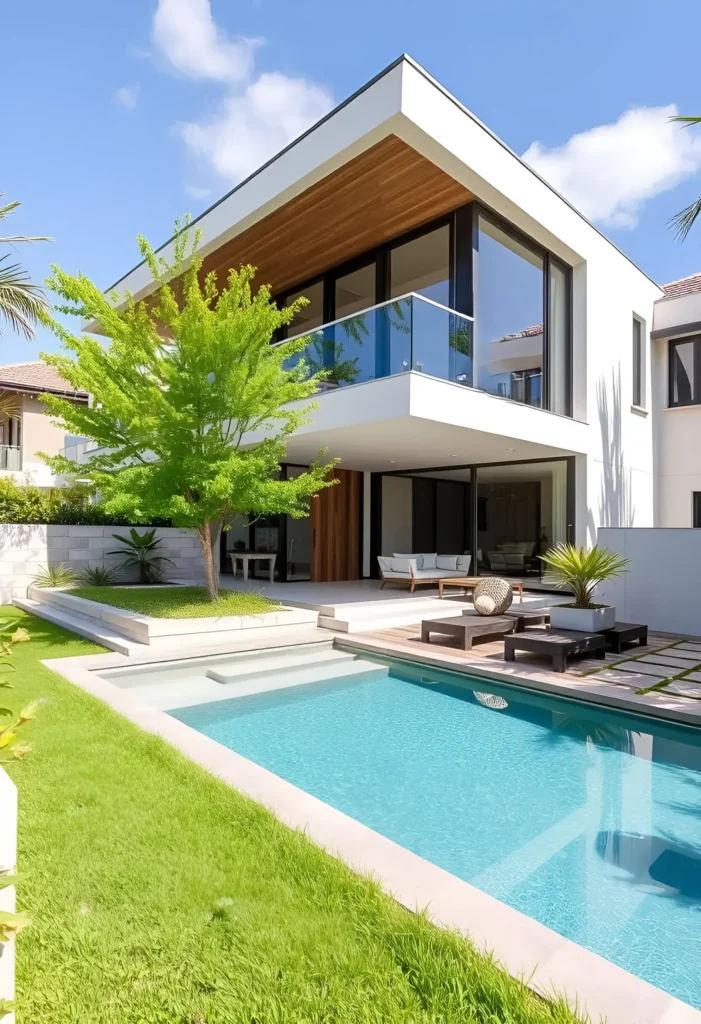 Modern white house with expansive glass walls, cantilevered roof with wood accents, lush greenery, and a sleek pool surrounded by a patio area.