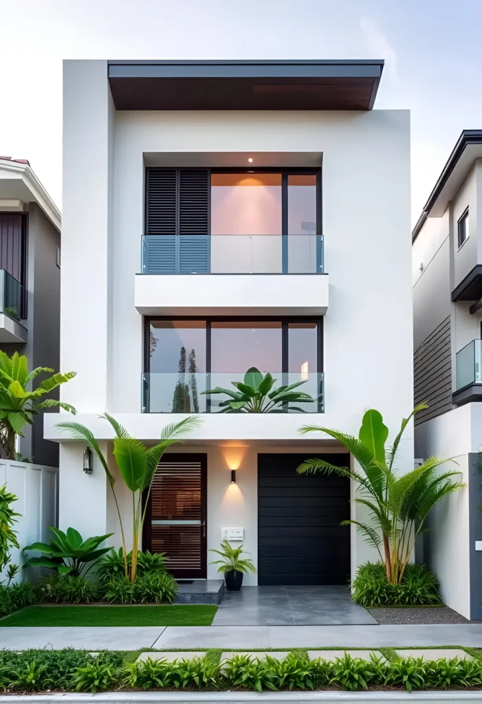 Three-story modern white house with large glass windows, black accents, tropical landscaping, and warm lighting for a stylish urban look.