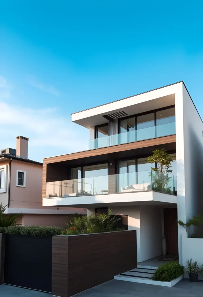 Modern three-story white house with glass balconies, warm wood accents, and lush greenery under a clear blue sky.