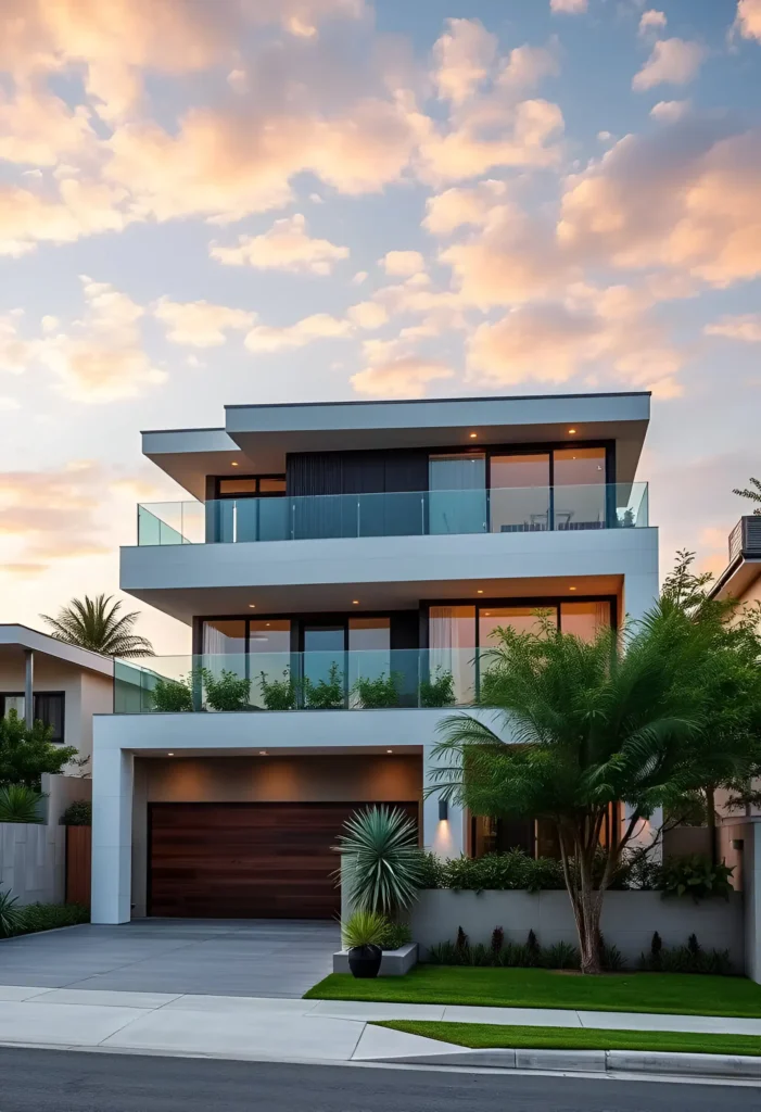 Modern three-story white house with glass balconies, wooden garage door, lush landscaping, and a sunset backdrop with soft clouds.