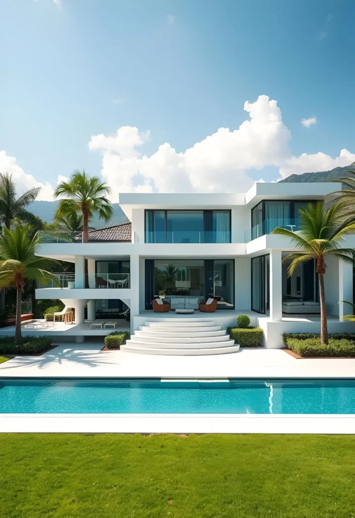 Modern white house with large glass windows, tiered steps, tropical palm trees, manicured hedges, and a sleek pool surrounded by lush greenery.