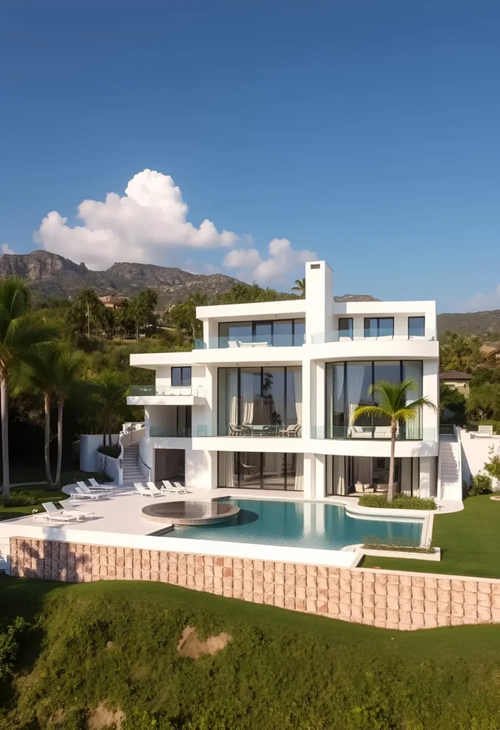 Modern white house on a hillside with an infinity pool, large glass windows, tiered design, and panoramic views of mountains and tropical greenery.