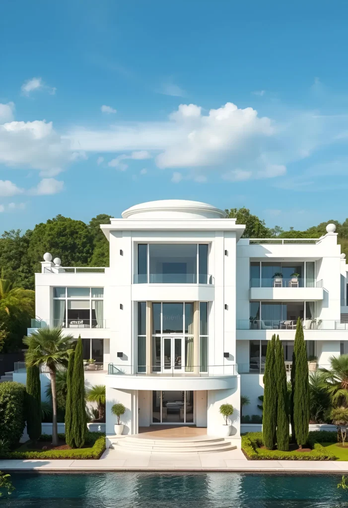 Modern white house with neoclassical elements, symmetrical columns, a rounded dome, floor-to-ceiling windows, and a reflective pool surrounded by manicured greenery.