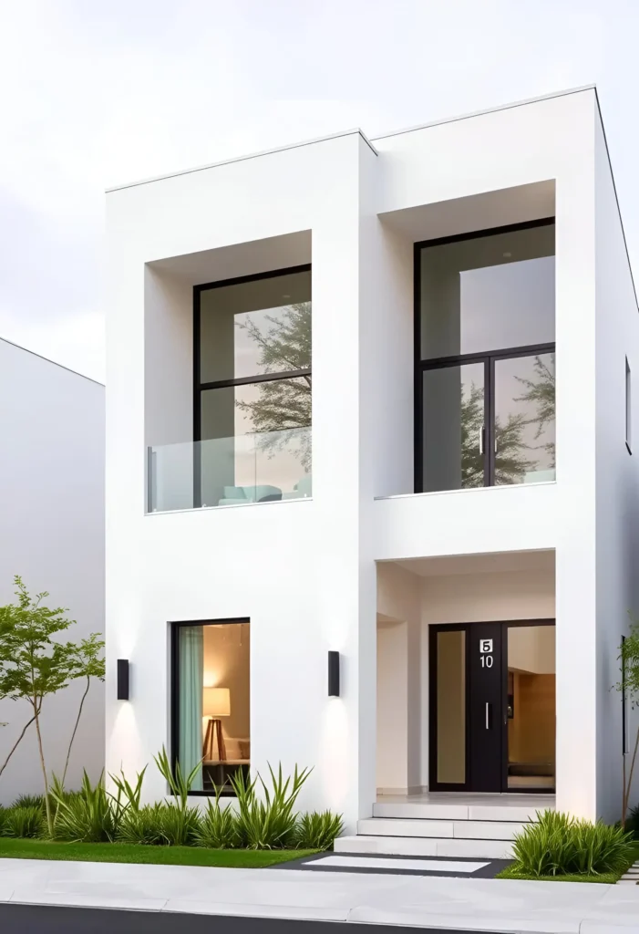 Minimalist modern white house with oversized windows, a sleek black door, clean lines, and subtle landscaping with greenery.