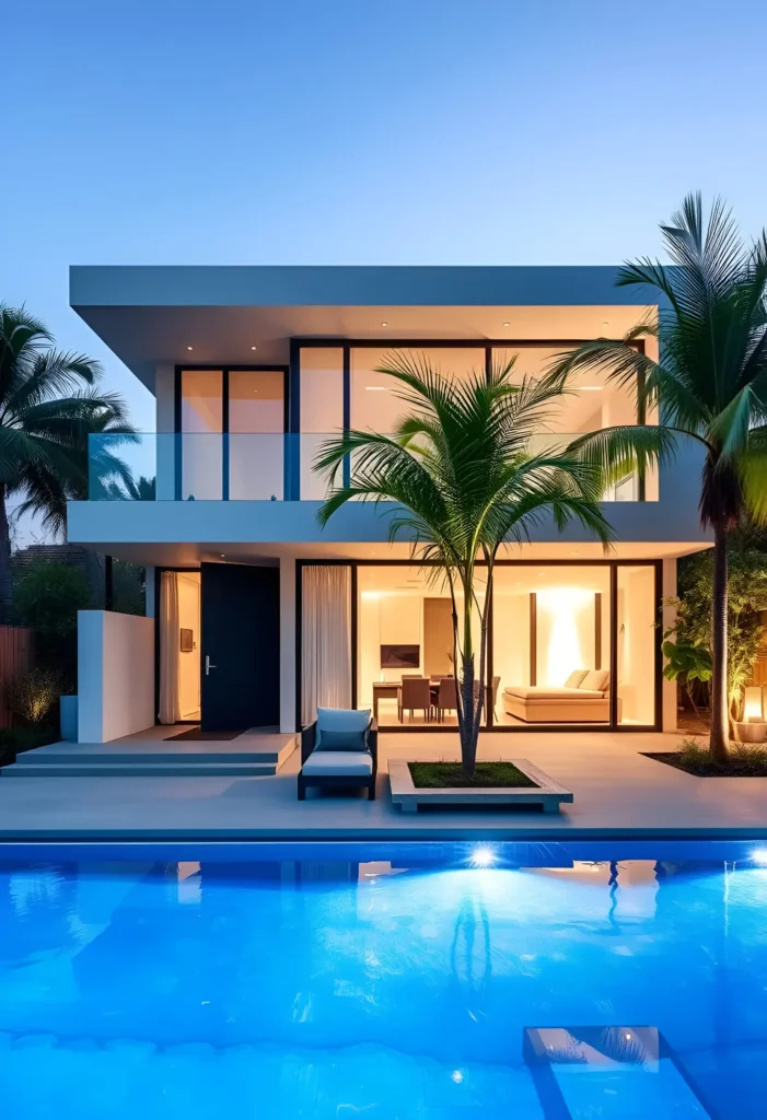 Modern white house with warm interior lighting, glass panels, lush palm trees, and a glowing pool area at twilight.