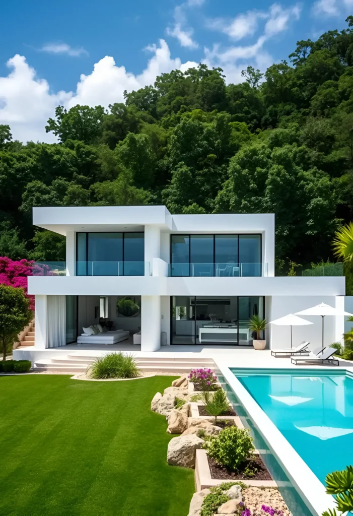 Modern white house with glass windows, lush greenery, vibrant garden landscaping, and a pool surrounded by rocks and colorful flowers.