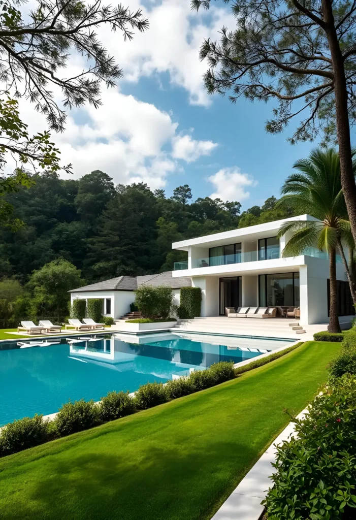 Modern white house with a large pool, manicured lawns, lush greenery, and a tranquil forest backdrop.