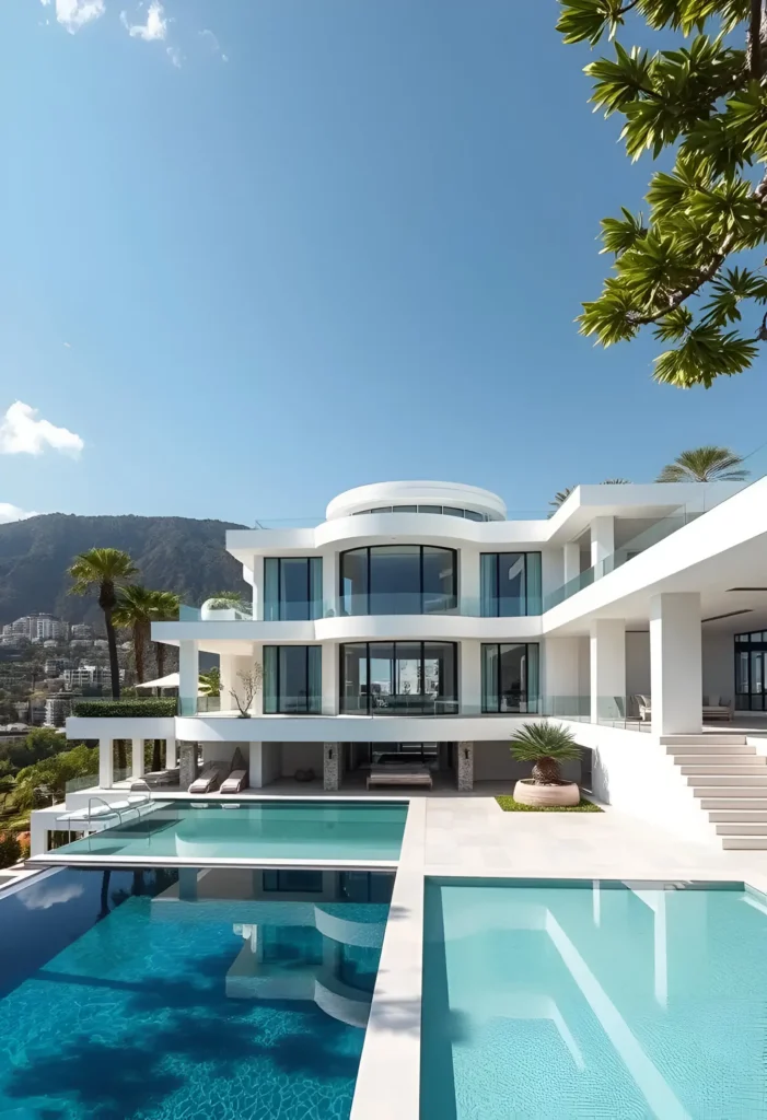 Modern white house with rounded architecture, glass windows, multiple pools, and a coastal backdrop surrounded by lush greenery.