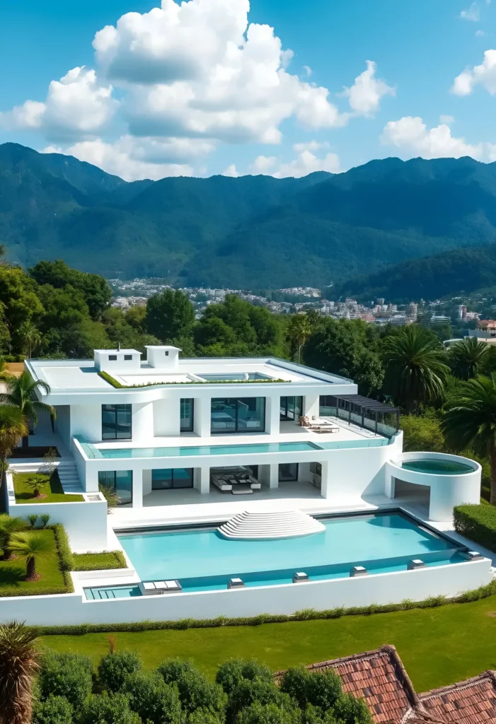 Modern white estate with layered architecture, rooftop greenery, multiple pools, and a stunning mountain backdrop surrounded by lush greenery.