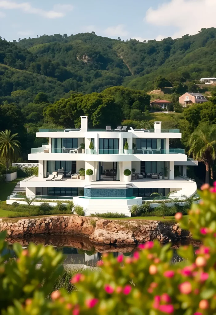 Modern white house with glass balconies, tiered design, pool, and scenic views of a lush hillside and waterfront.