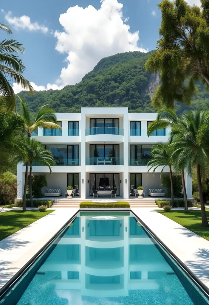 Modern white house with curved glass balconies, lap pool, manicured lawns, and a scenic backdrop of lush greenery and hills.