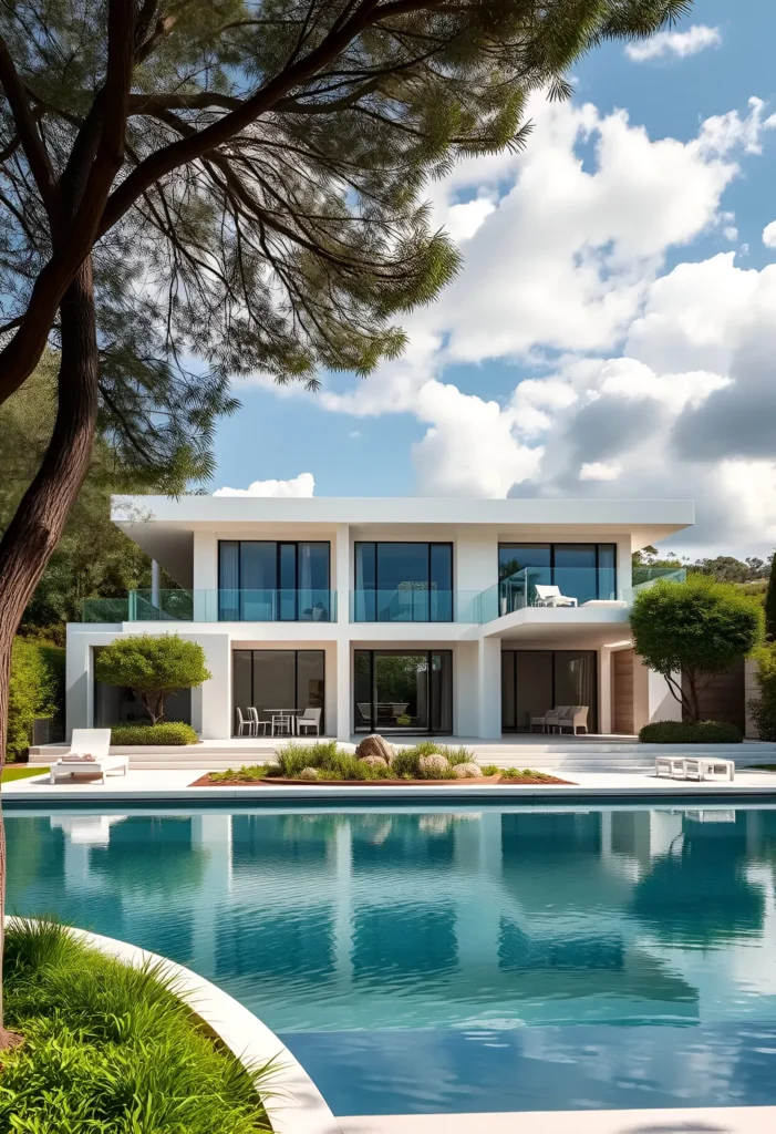 Modern white house with glass balconies, a large pool, natural stone accents, and lush greenery under a clear sky.