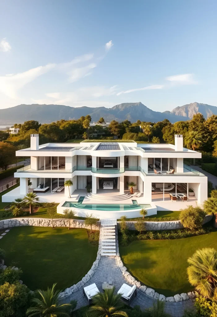 Modern white house with curved balconies, glass walls, a pool, manicured lawns, a stone pathway, and a backdrop of majestic mountains.