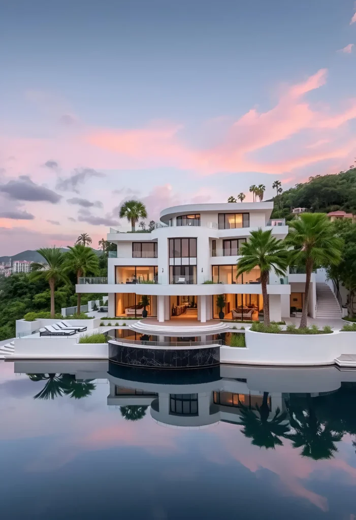 Modern white house with curved architecture, glass walls, layered terraces, and an infinity pool reflecting a pastel sunset sky.