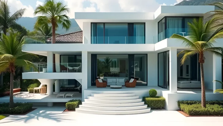 Modern white house with large glass windows, tiered steps, tropical palm trees, manicured hedges, and a sleek pool surrounded by lush greenery.