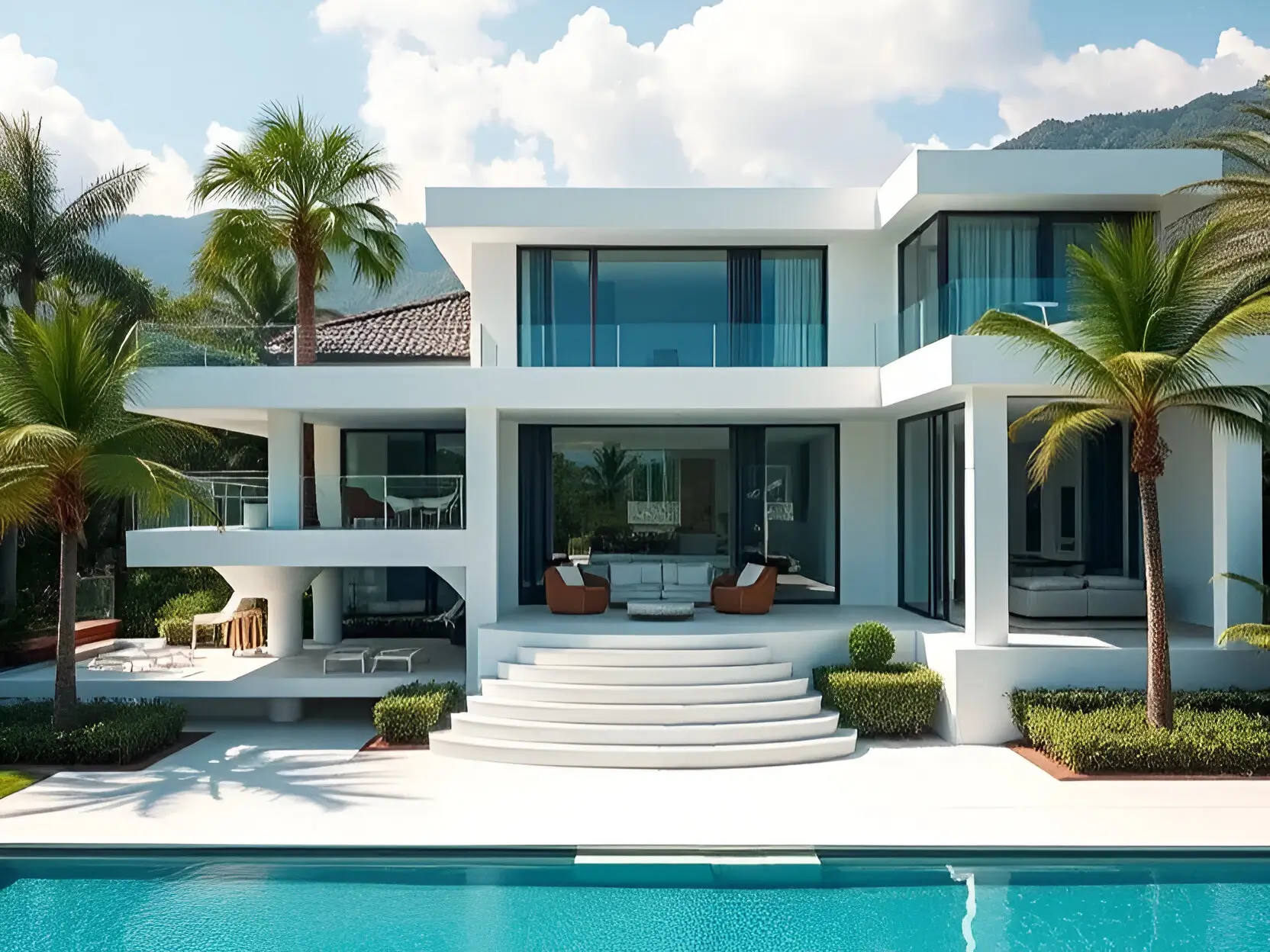 Modern white house with large glass windows, tiered steps, tropical palm trees, manicured hedges, and a sleek pool surrounded by lush greenery.