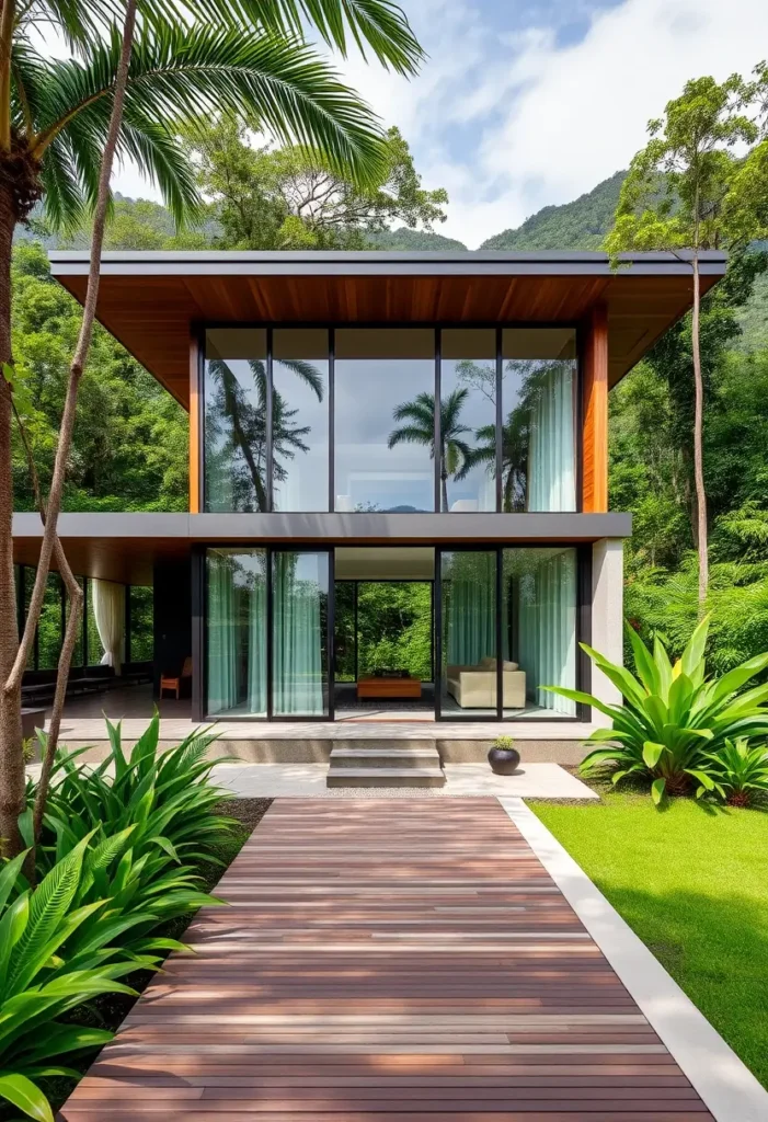 Modern tropical house with floor-to-ceiling glass windows, wood-paneled ceiling, lush greenery, and a landscaped wooden pathway.