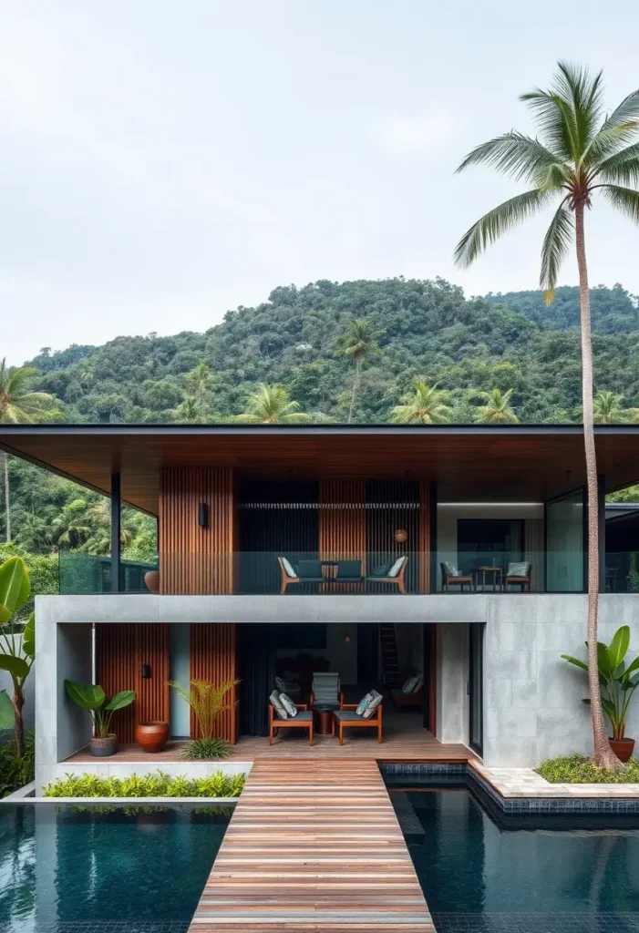 Modern two-level tropical house with wood and concrete design, upper deck seating area, poolside lounge, and lush green surroundings.