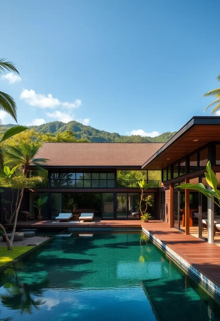 Modern tropical house with large glass panels, a central pool, wooden decking, and lush greenery, combining minimalist architecture with seamless indoor-outdoor living.