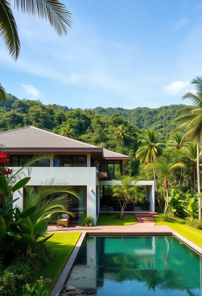 Modern tropical house with a white facade, large windows, infinity pool, lush green landscaping, and shaded outdoor seating areas.