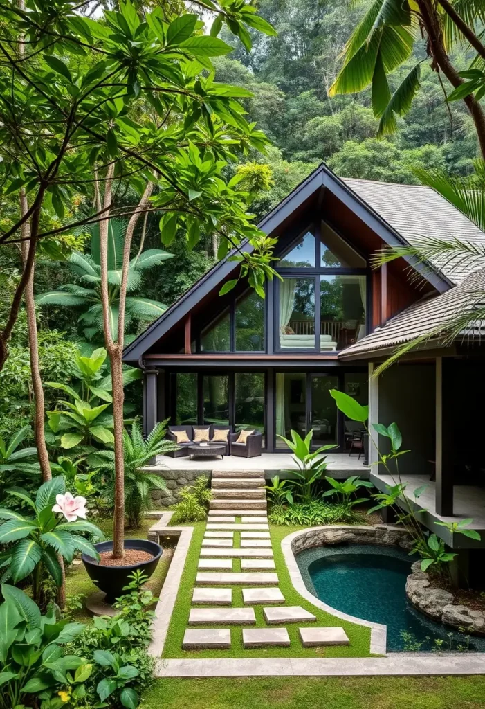 A-frame tropical house surrounded by lush greenery, with large windows, a stone pathway, a patio seating area, and a small curved pool.