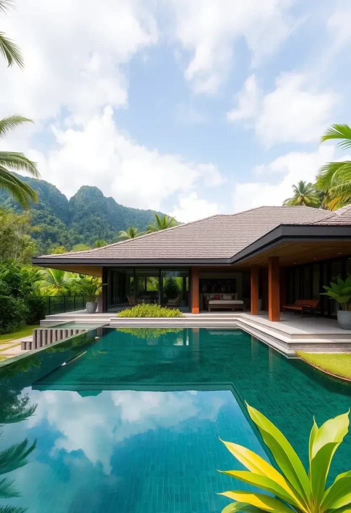 Modern tropical house with an open-air design, turquoise pool, overhanging roof, glass doors, and mountain views surrounded by lush greenery.