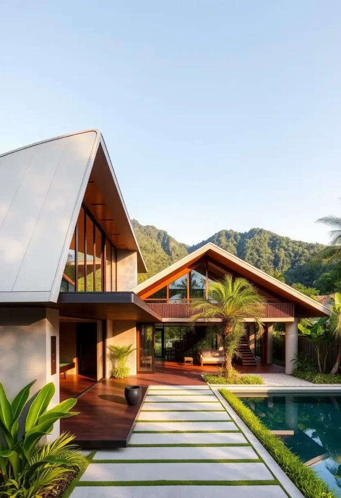 Modern tropical house with bold rooflines, large glass windows, wooden accents, a sleek stone pathway, and a pool surrounded by greenery.