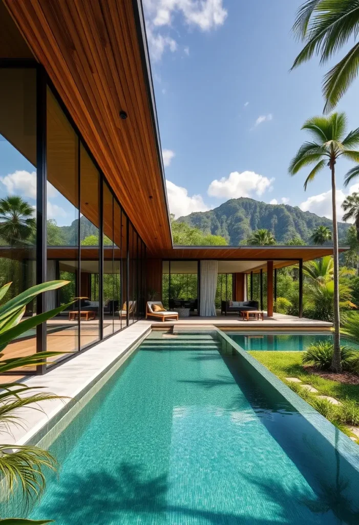 Modern pavilion-style tropical house with expansive glass walls, a wood-paneled roof, an infinity pool, and lush landscaping surrounded by palm trees and mountain views.