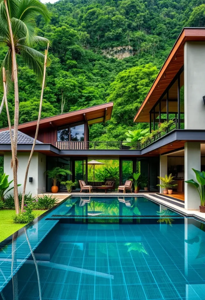 Modern multi-level tropical house with slanted roofs, floor-to-ceiling windows, a central pool, lush landscaping, and elevated balconies surrounded by greenery.