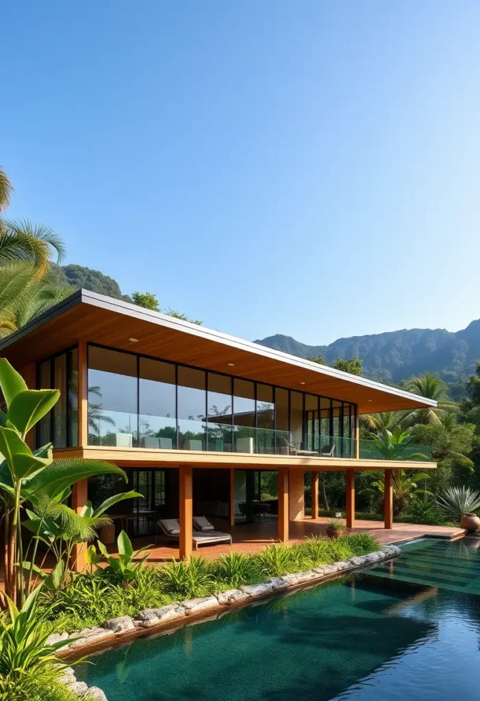 Modern two-story tropical house with a glass facade, wooden accents, a spacious balcony, and a pool surrounded by lush tropical landscaping.