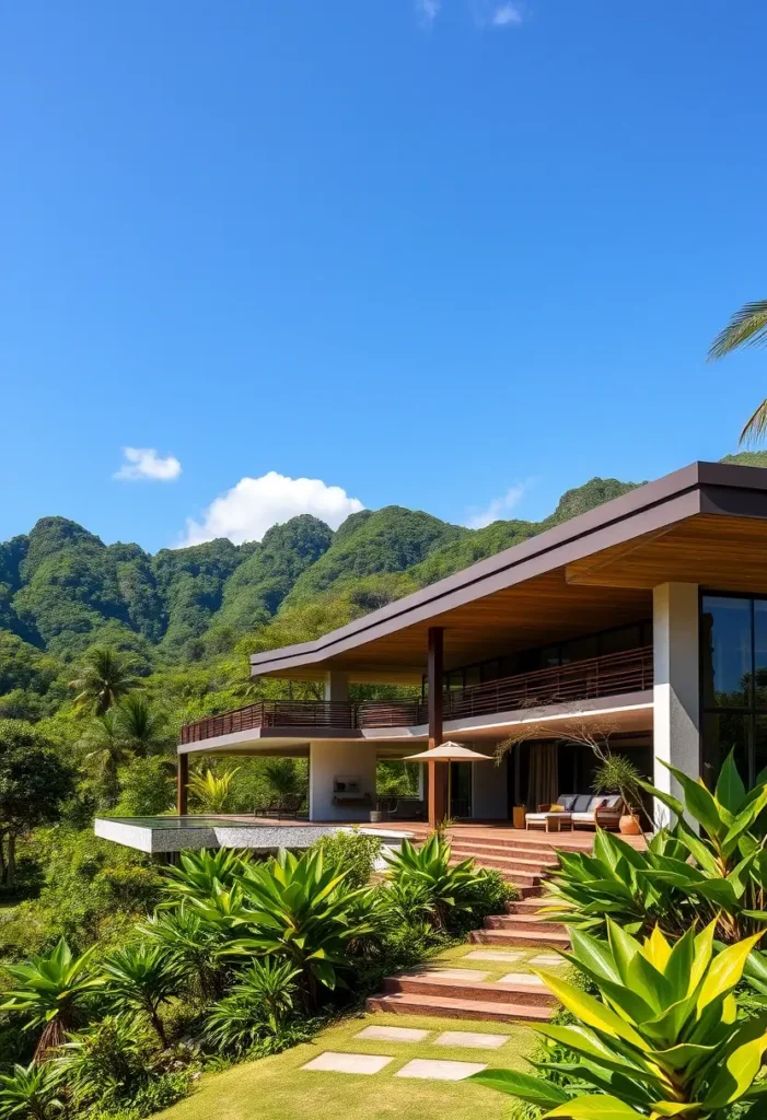 Modern tropical hillside home with expansive balconies, wooden overhangs, open-air living spaces, lush landscaping, and mountain views.