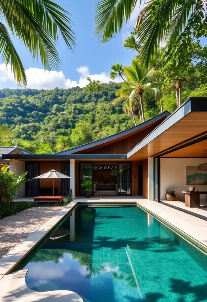 Modern tropical courtyard house with sloping rooflines, a serene pool, shaded lounge areas, and lush green surroundings.