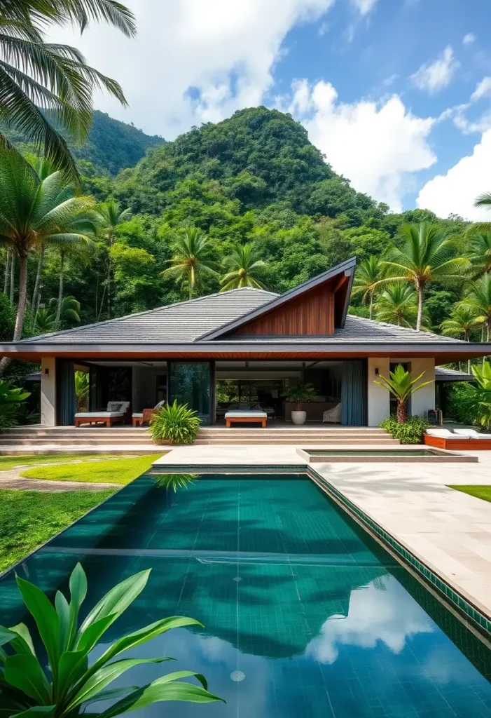 Pavilion-style tropical house with a striking roof design, open layout, a reflective pool, lush greenery, and palm trees in the background.