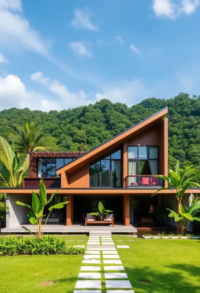 Modern two-story tropical house with an angular roofline, upper balcony, open seating areas, lush landscaping, and stepping-stone pathway surrounded by greenery.