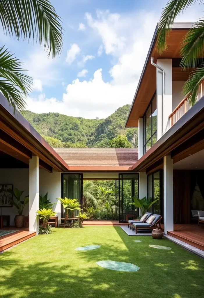 Modern tropical house with a central courtyard, lush greenery, sliding glass doors, wooden overhangs, and landscaped lawn surrounded by mountain views.