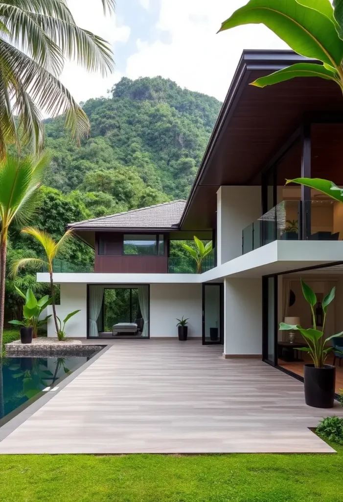 Modern two-story tropical house with a spacious poolside deck, glass doors, upper-level balconies, lush greenery, and mountain views.