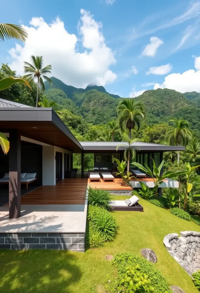 Elevated tropical home with wide wooden decks, open lounging areas, lush landscaping, and panoramic mountain views surrounded by palm trees.