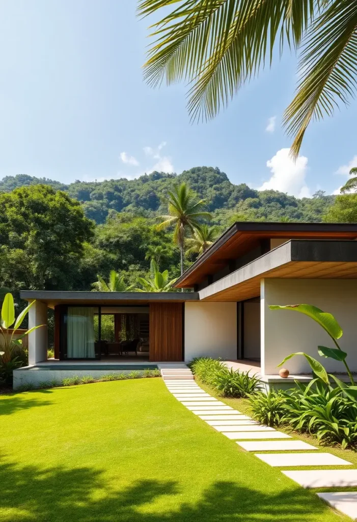 Minimalist tropical bungalow with wood accents, curved stepping-stone pathway, lush garden landscaping, and wide overhangs surrounded by greenery.