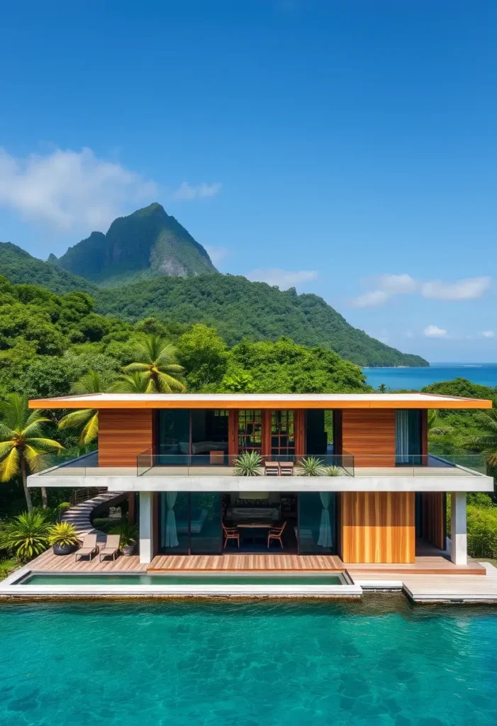 Modern two-story waterfront tropical villa with wooden facade, glass windows, expansive balconies, private pool, and ocean and mountain views.