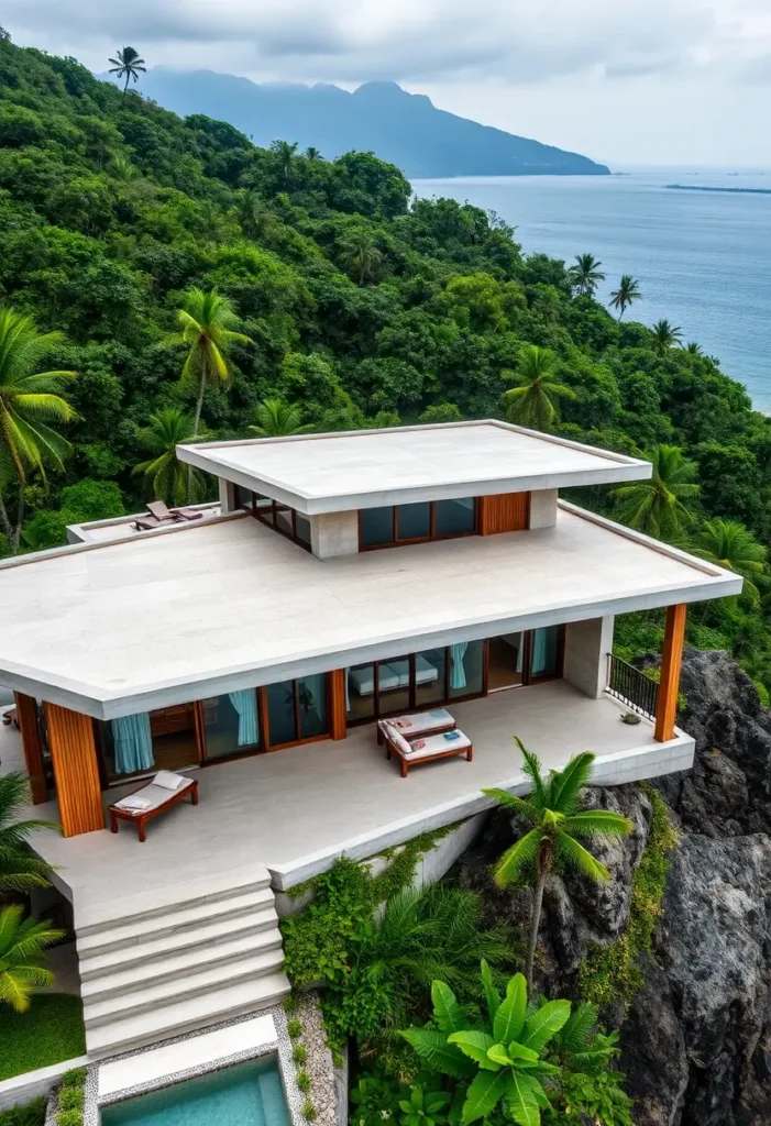 Modern cliffside tropical home with expansive terraces, natural wood accents, private pool, lush greenery, and ocean views.