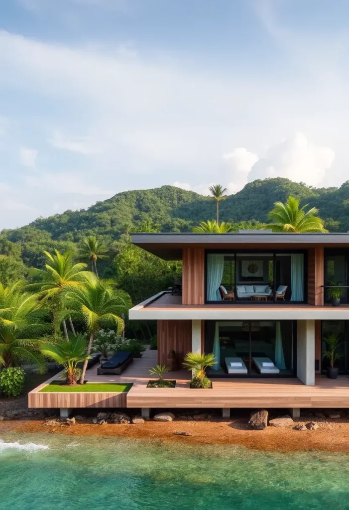 Two-story tropical beachfront villa with wooden accents, glass walls, private terraces, lush landscaping, and direct access to turquoise waters.