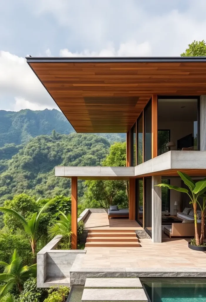 Modern cantilevered tropical villa with expansive overhang, glass windows, lush mountain views, natural wood accents, and a serene pool.