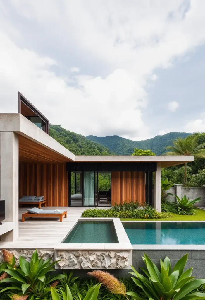 Modern tropical poolside home with wooden accents, infinity pool, lush greenery, glass doors, and minimalist design elements.