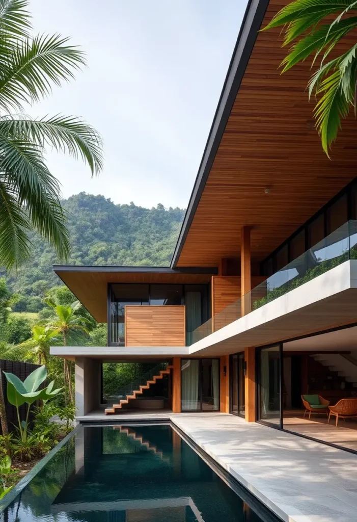 Modern multi-level tropical home with wooden cladding, glass panels, private pool, cantilevered balcony, and lush greenery.