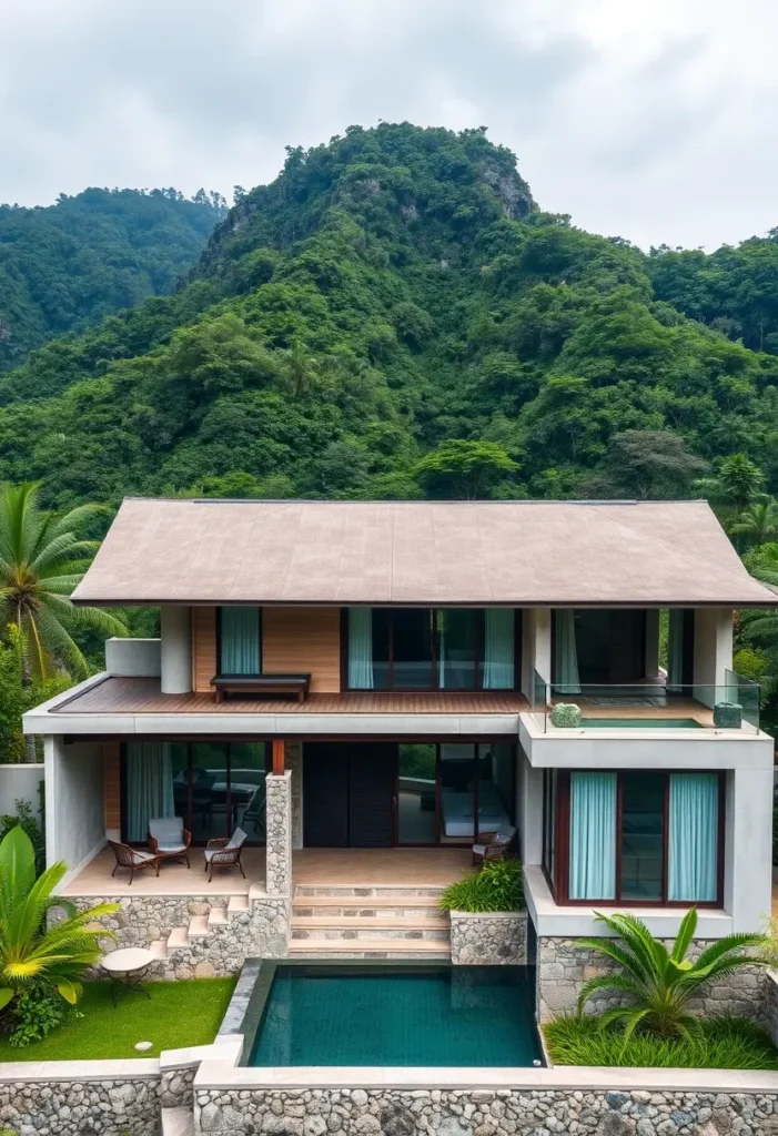 Two-story tropical villa with sloped roof, stone walls, private pool, glass windows, wooden accents, and lush mountain surroundings.