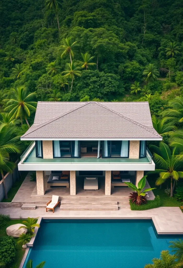 Two-story tropical villa with stone exterior, glass balcony, private pool, lush greenery, and modern design.