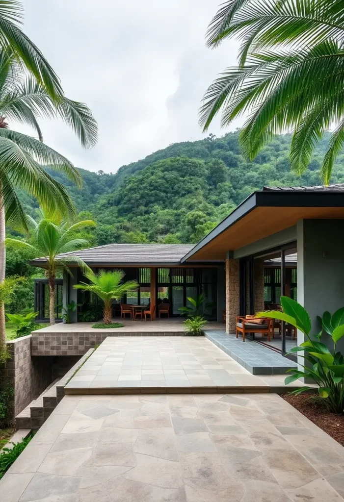 Open-concept tropical home with tiled courtyard, covered patio, and lush greenery surrounding the design.