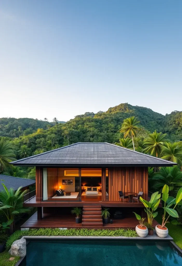 Tropical elevated villa with wooden balcony, ambient lighting, private pool, and lush green mountain surroundings.